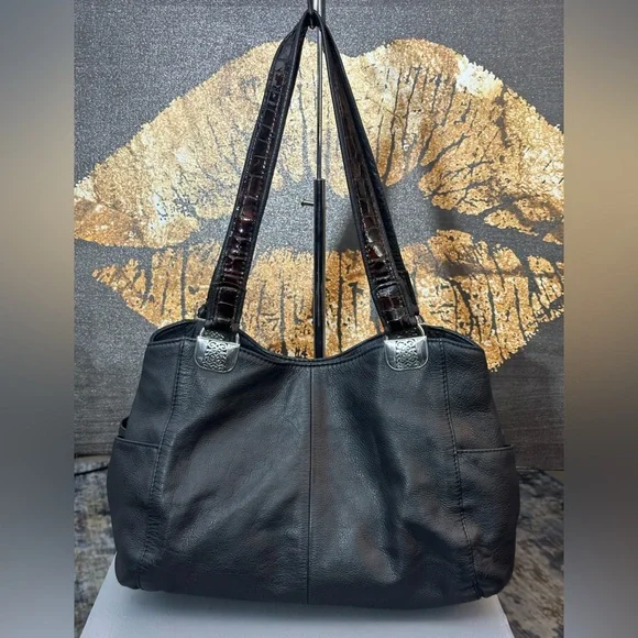 Brighton Black Pebbled Leather and Brown Croc-Embossed Hobo Shoulder Bag - Picture 2 of 16